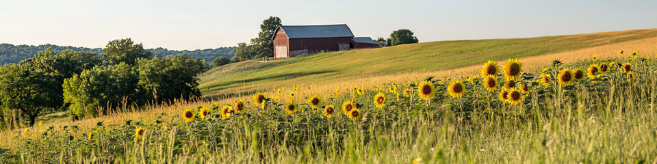 Obraz premium Rural Landscape with Red Barn and Sunflower Field