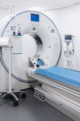 MRI machine in a hospital. Modern medical equipment for diagnostics and patient health. Concept of...