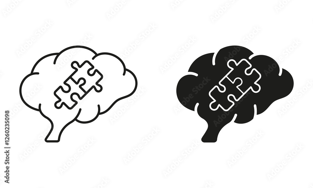 Aufkleber puzzle and human brain line and silhouette icon set. jigsaw creative mind concept. problem solving a
