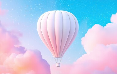 Fototapeta premium A whimsical hot air balloon in soft pastel colors, floating above a dreamy sunset sky filled with tiny glowing stars