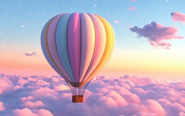 Fototapeta premium A whimsical hot air balloon in soft pastel colors, floating above a dreamy sunset sky filled with tiny glowing stars