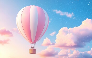 Fototapeta premium A whimsical hot air balloon in soft pastel colors, floating above a dreamy sunset sky filled with tiny glowing stars