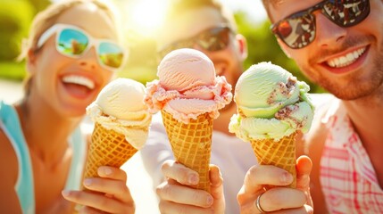 Joyful friends enjoying ice cream cones at the beach summer vibes lifestyle photography bright environment close-up view