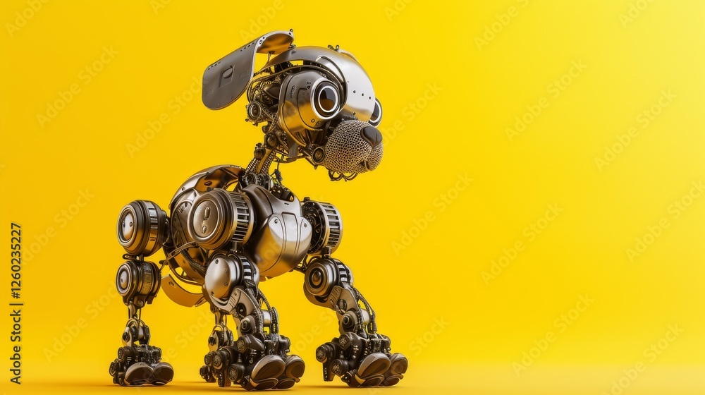Poster a futuristic robotic puppy with a sleek metallic body and mechanical components, standing against a 