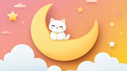 An adorable kawaii cat sitting on a crescent moon, surrounded by twinkling stars and soft pastel-colored clouds in a magical night sky
