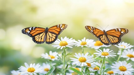 Butterflies fluttering over daisies in a garden nature photography springtime scene close-up view