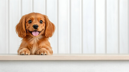 Adorable puppy smiling in front of a white background, for pet care advertisements