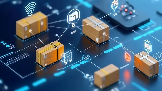 A digital representation of a logistics system featuring interconnected packages, symbols for communication, and a modern delivery concept.