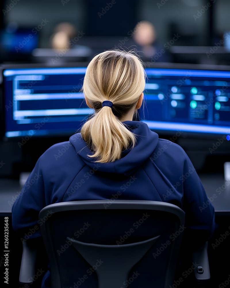Poster back view woman coding at desk. monitors display software. people in office