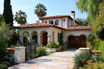 Fototapeta premium Mediterranean-style home with a terracotta roof and lush landscaping.