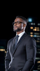 Fototapeta premium Businessman at Night, Cityscape Background, Professional Pose, Portrait