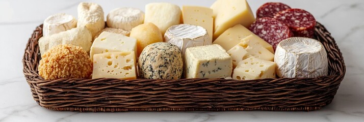 An inviting assortment of cheeses alongside charcuterie meats, beautifully presented in a basket, perfect for entertaining guests or a cozy night in.