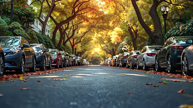 Autumn Street with Parked Cars and Tree Canopy
