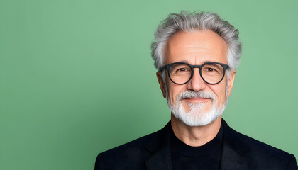 Obraz premium Cheerful senior man in glasses poses in a studio against a green background
