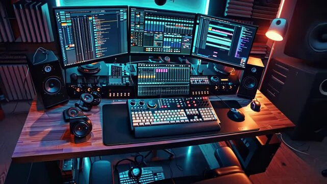 Video editing. Top view of a video editor's desk with dual screens, pro keyboard, and console in dim lighting