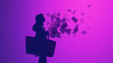 A striking digital illustration of a woman in silhouette holding large shopping bags, as geometric shapes explode around her. The neon pink and purple hues add a futuristic, stylish feel. AI generated