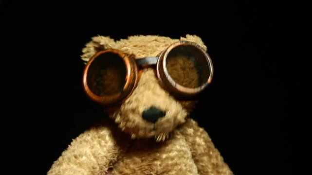footage of plush bear goggles glasses dark background
