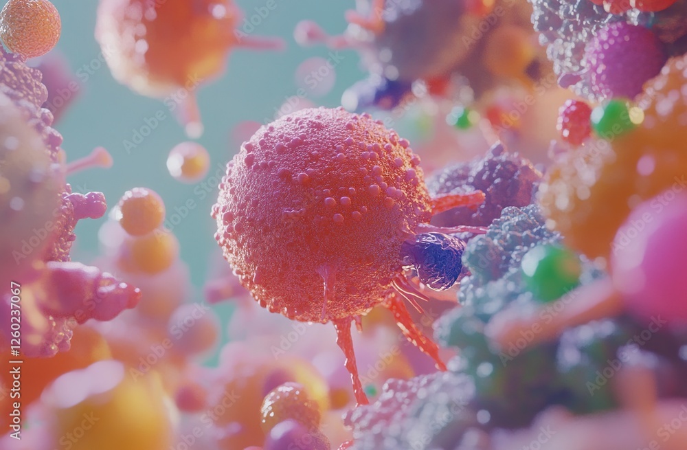 Poster microscopic cellular structures interact dynamically in vivid colors, showing complex biological pro