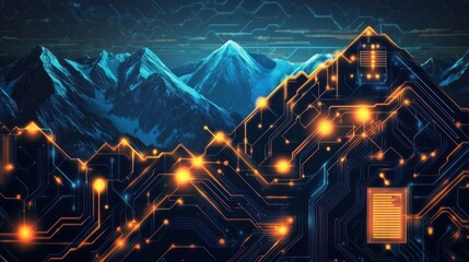 Snowy mountains digital circuit board landscape