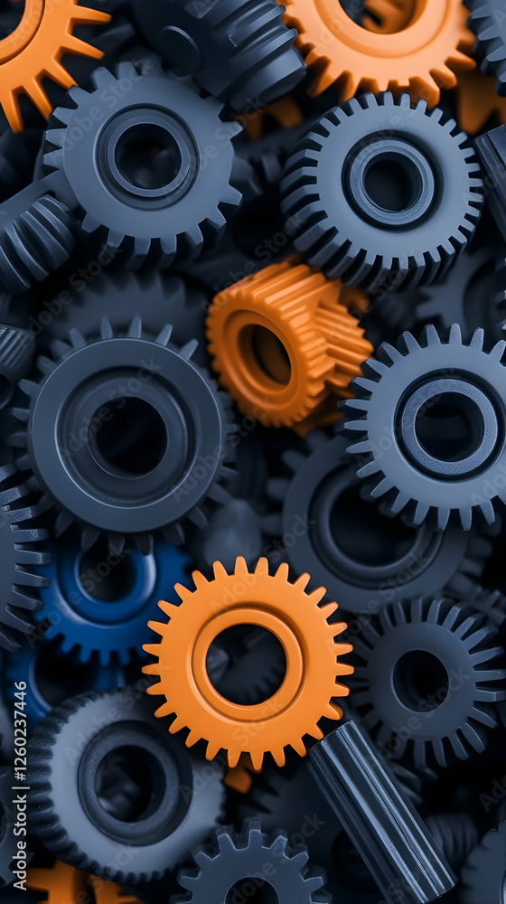 Poster close-up of several gray and orange gears working together; for engineering use
