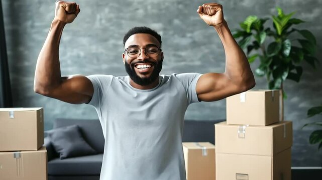 Amid a living room filled with unpacked boxes, a man beams with pride while carrying a labeled cardboard box into his brand-new apartment.