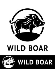 A bold and modern black and white vector illustration of a wild boar in a circular frame