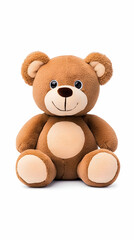 Obraz premium Cute stuffed teddy bear sits isolated on white background, for gift or decoration