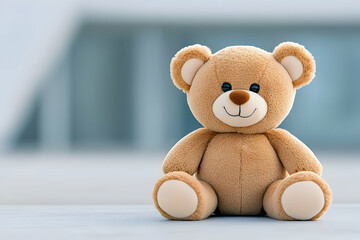 Obraz premium Cute teddy bear toy on a table with neutral background for kids marketing image