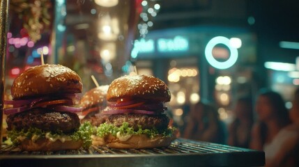 Grilling juicy burgers at night market food photography urban environment vibrant atmosphere
