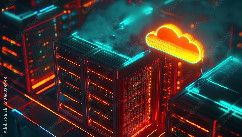 Poster exploring the cloud: servers powering digital infrastructure, highlighting modern data centers & net
