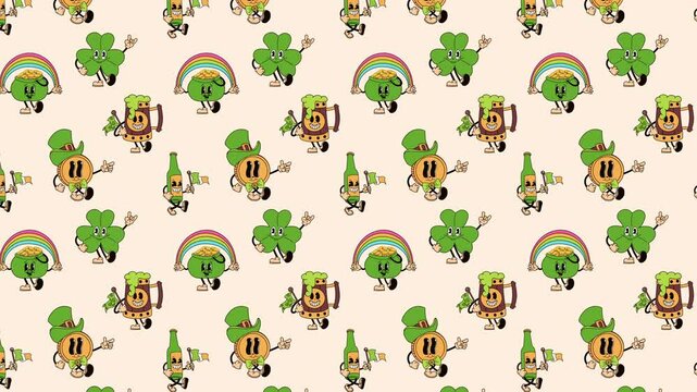 Retro cartoon characters designed as St. Patrick's Day mascots	 animation Loop Background. 