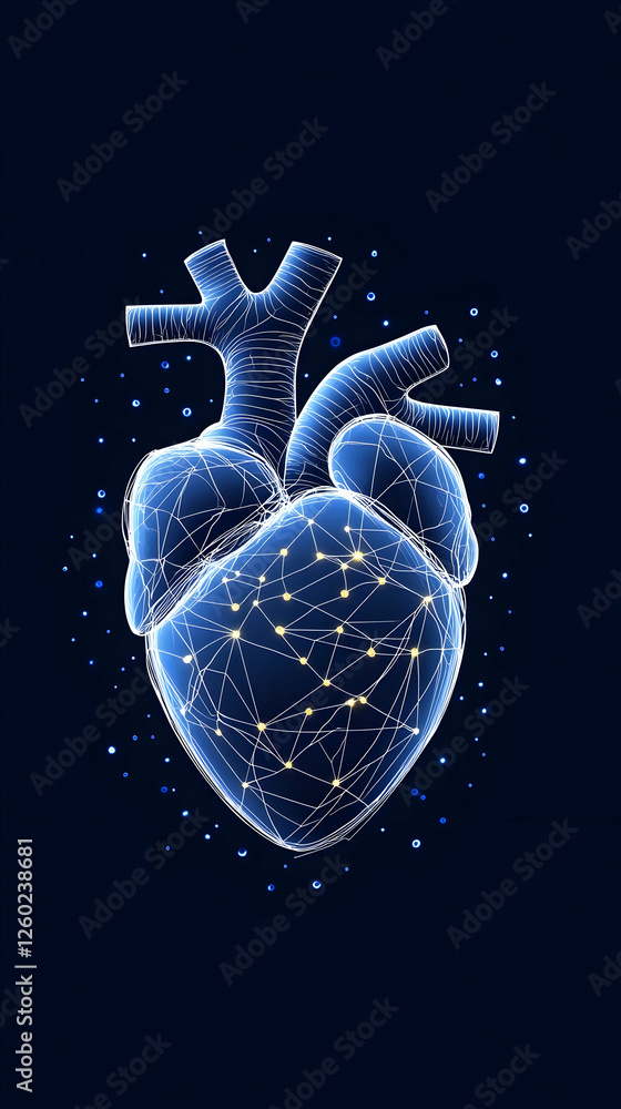 Poster digital heart in futuristic network, floating against abstract dark background