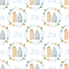 Watercolor pattern with cute vintage Dutch houses, tulips and lovely clouds in soft pastel shades of blue and yellow. Isolated image  PNG 300 DPI