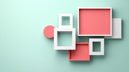 Abstract coral and white squares playfully arranged against a soft mint green background. AI Generated