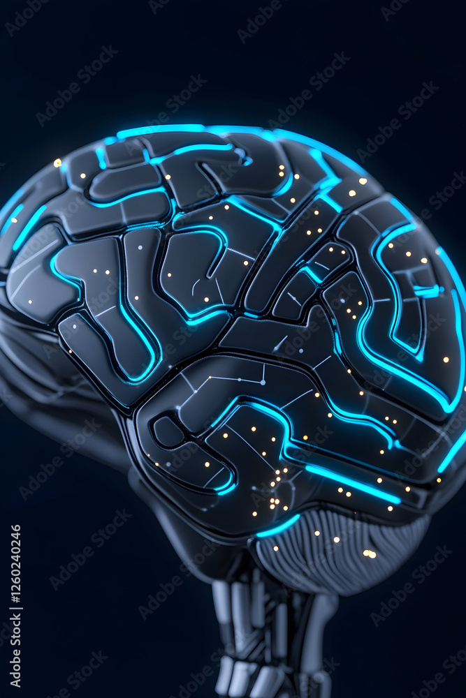 Poster futuristic brain, glowing lines and dots in center. dark background used for tech