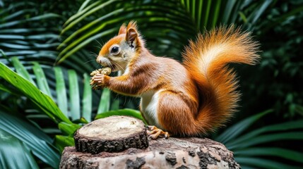 Obraz premium Playful Squirrel Eating Nut on a Tree Stump Surrounded by Lush Tropical Foliage