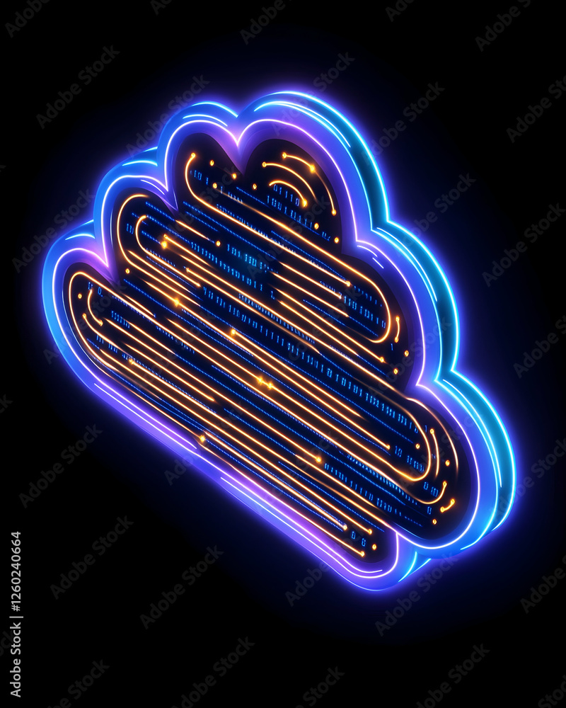Poster glowing cloud icon with data stream. technology, data, cloud, or computing concept