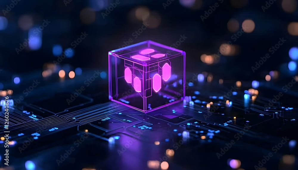 Poster glowing cube on circuit board. futuristic tech for ai, machine learning