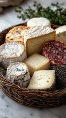 An exquisite selection of gourmet cheeses complemented by flavorful salami, artistically arranged on a beautiful platter, perfect for any charcuterie board.