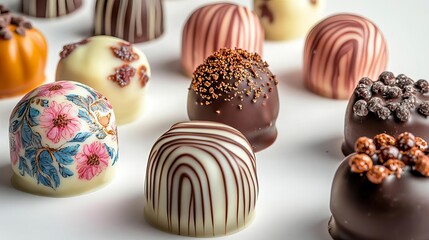 World Chocolate Day celebration Assorted artisan chocolate truffles displayed beautifully.