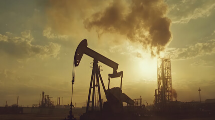 An oil well and industrial plant with smoke coming out of it, a beautiful sky, golden hour lighting, photorealistic, cinematic style. 