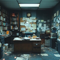 Cluttered office interior, papers, books, and memos; investigation, research