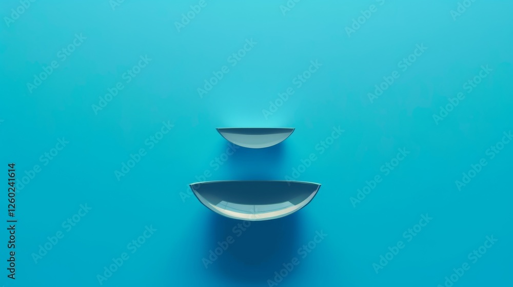 Poster a modern abstract composition featuring two curved shapes on a vibrant blue background, creating a m