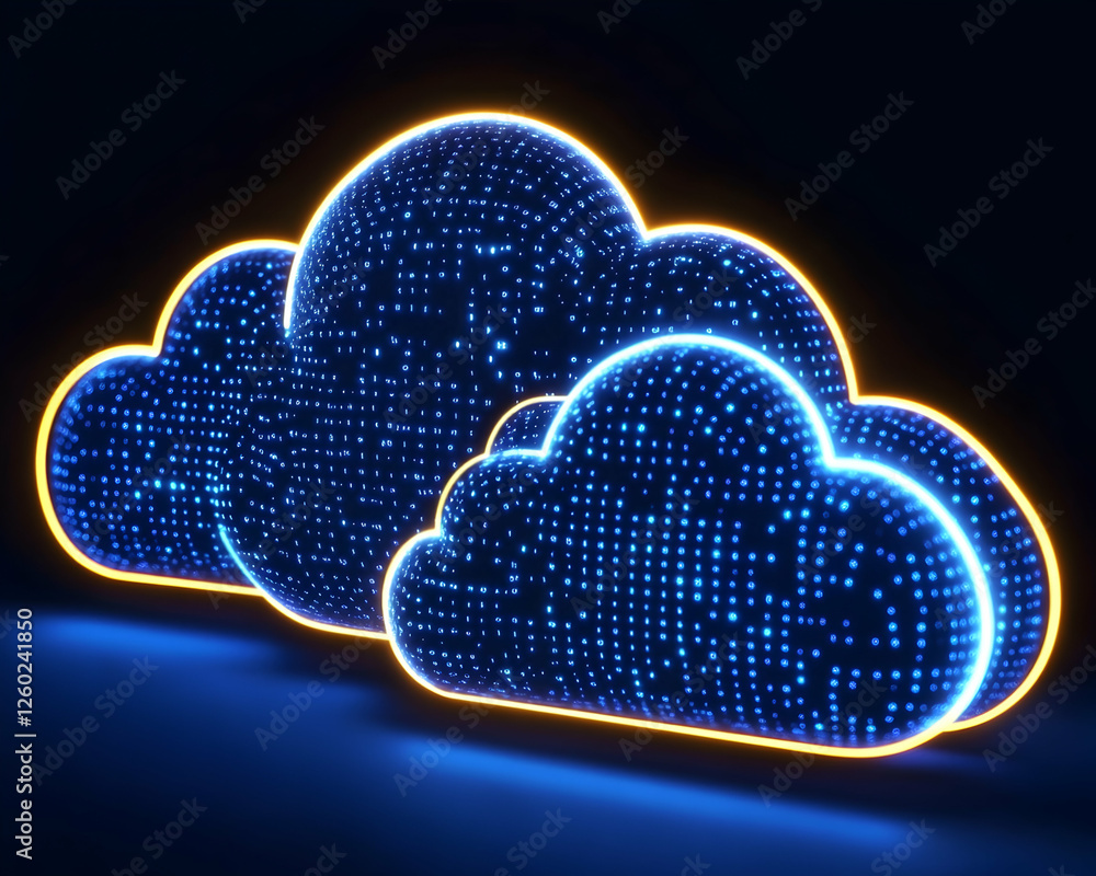 Poster illuminated clouds. cloud computing, technology, data storage, networking, background use