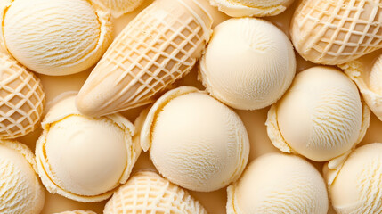 Ice cream scoops and cones for dessert, a close-up shot, light cream background