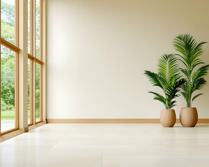 Interior with plants by window, offering nature view. Home decor background