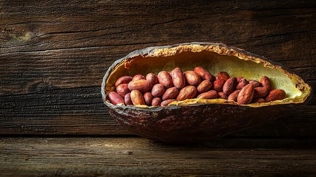 World Chocolate Day celebration Cocoa pod with cocoa beans on rustic background.