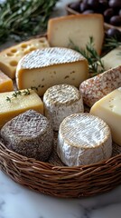 This image showcases an elegant arrangement of various cheeses, highlighting their unique textures and colors in a beautifully woven basket for a gourmet presentation.