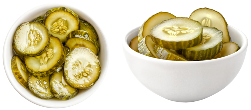 Pickle slices in white bowls with brine texture isolated on a transparent background