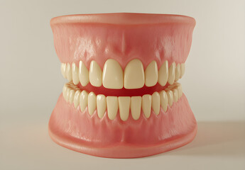 Obraz premium Close-up of full upper and lower teeth, model on a white background, dental modeling in resin gloves, soft lighting, advertising photography, high resolution. 